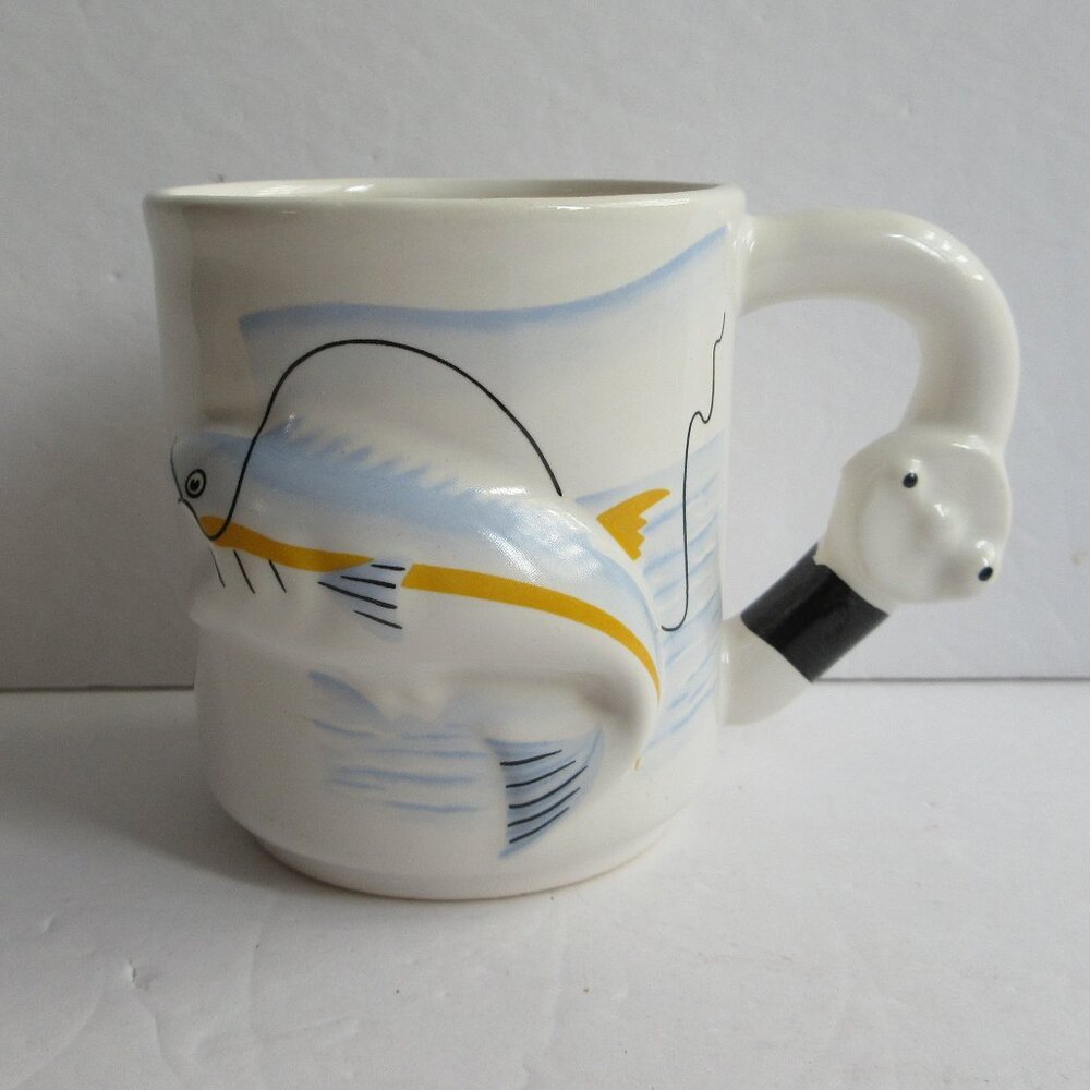 Emson Fish and Fishing Reel Coffee Mug Cup 3D White Embossed Sportsman Vintage